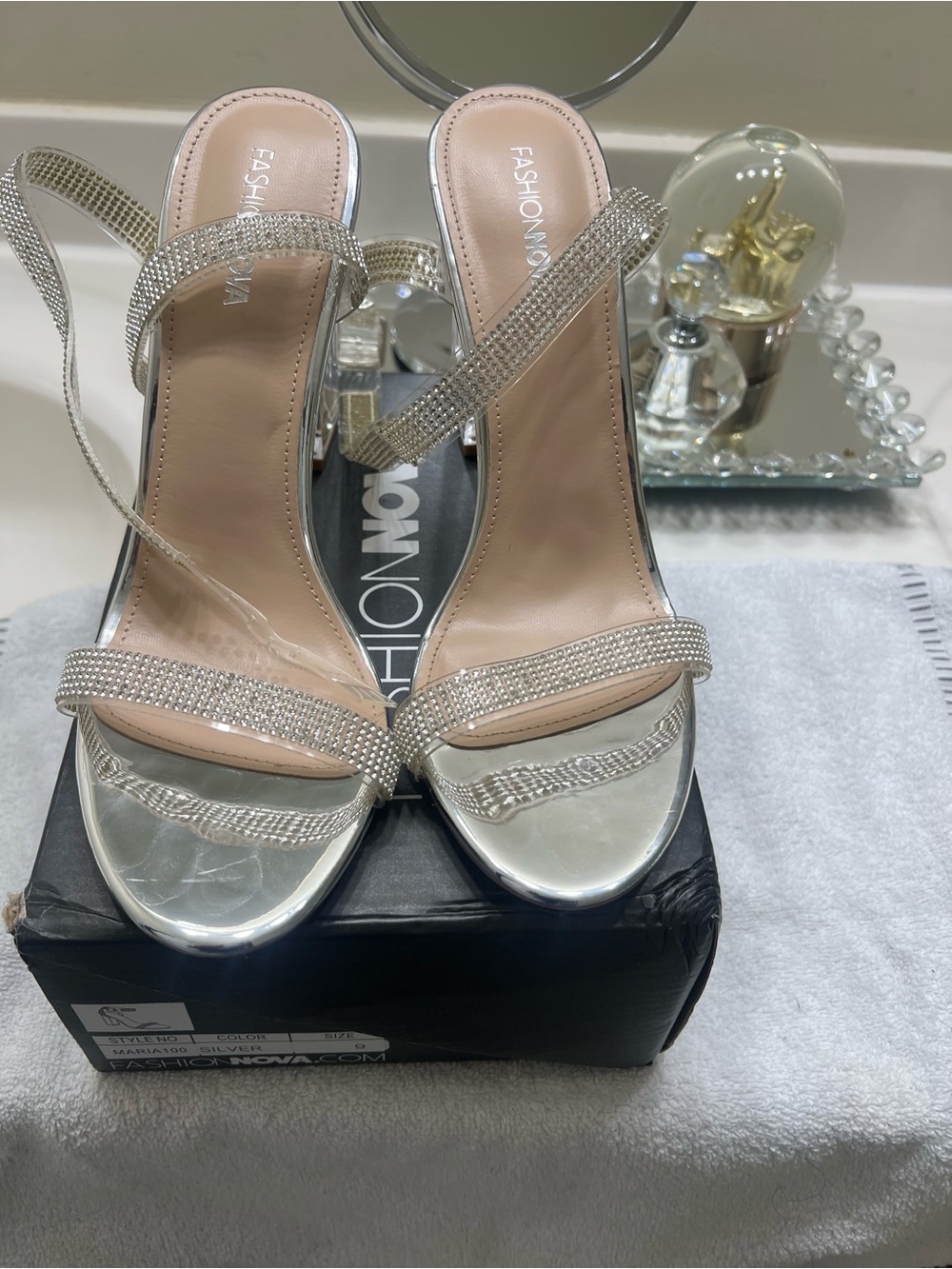 Fashion Nova Silver Rhinestone Strappy Heels